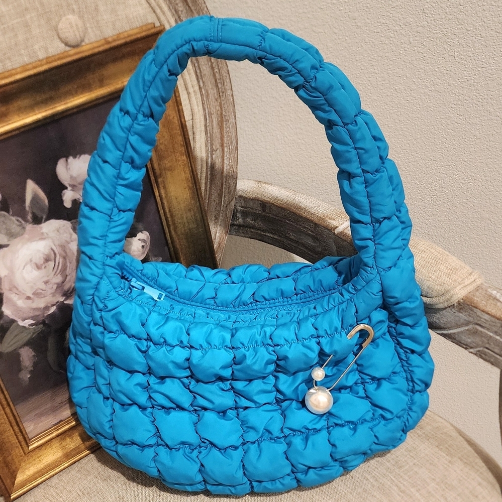 COS Turquoise Quilted Shoulder Bag. (W 11+in) Pin Included. Like New!